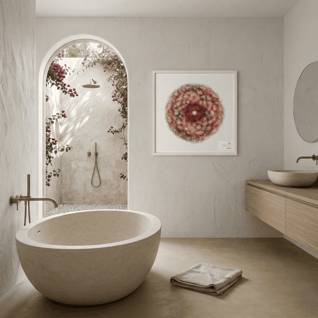SACRED print — Copper Torus framed in a villa bathroom